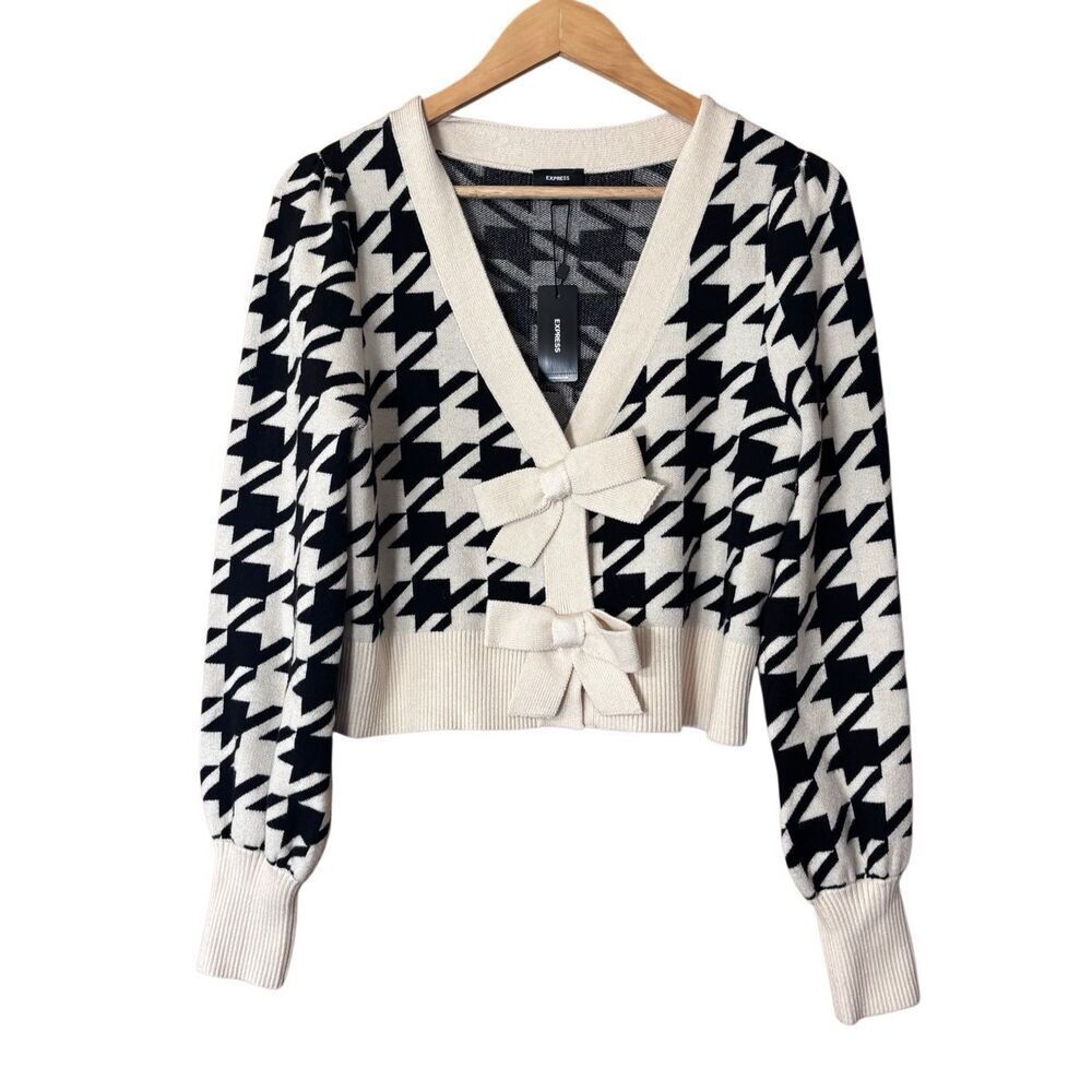 Express Houndstooth V-Neck Bow Cardigan small‎ new